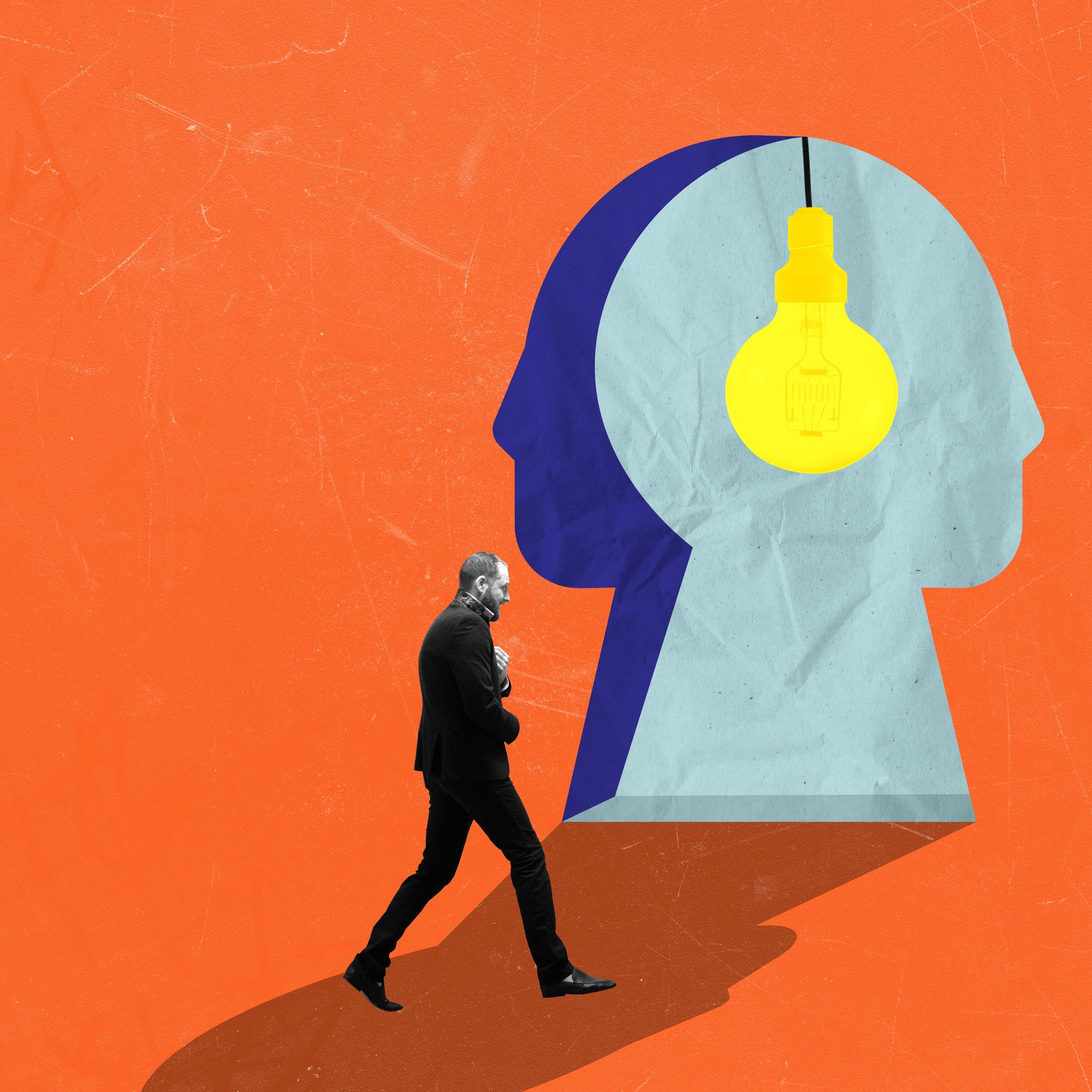 Man walking in front of silhouette with lightbulb inside, symbolizing ideas, creativity, cognitive clarity. Contemporary art collage.